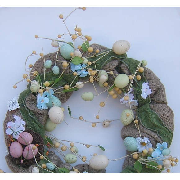 Easter Wreath Burlap Eggs Nest Spring Flowers Natural Country Front Door Decor - Picture 8 of 9